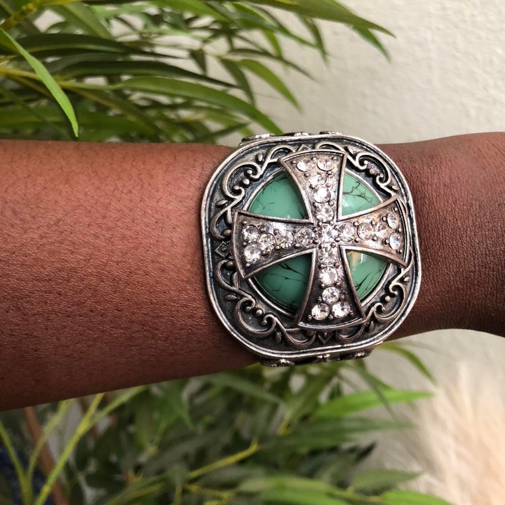 Rare Goth Grunge Southwestern Turquoise silver cross bracelet bangle arm cuff